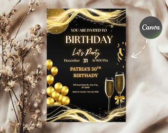 Black Tie Birthday Dinner Invitation, Glam Gold Evite (Canva Template)