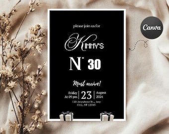 Elegante invitación de cumpleaños en blanco y negro: Plantilla minimalista de Canva (descarga digital)