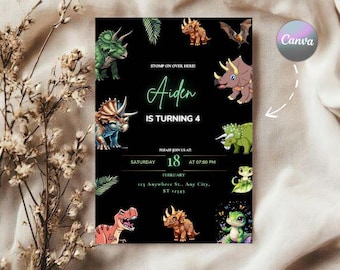 Convite de aniversário de dinossauro, modelo de convite de aniversário de dinossauro, convite do mundo dos dinossauros, aniversário jurássico, convite para festa de T-Rex, editável