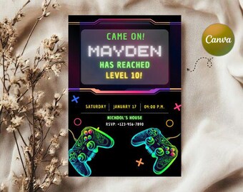Invitation | Editable Canva Template with Bold Neon Lights for High-Energy Gaming Parties | Gamer Invite