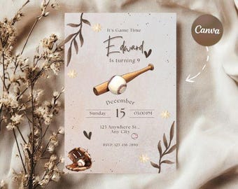 Può includere: Invito di compleanno a tema baseball con un design ad acquerello. L'invito presenta una mazza da baseball, una palla e un guanto, insieme al testo "It's Game Time" e al nome "Edward". Sono inclusi anche la data e l'ora della festa.