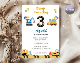 Construction Birthday Invitation, Construction Invitation, Dump Truck Party Invite, 3rd Birthday Invite Printable Template, Editable Canva