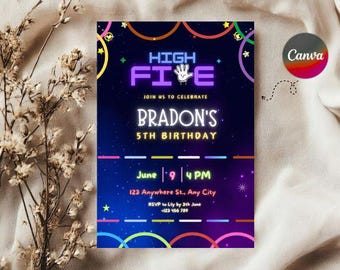High Five 5th Birthday Invitation: Neon Glow Party, Editable Canva Template (Digital Download