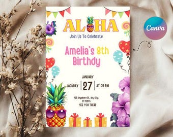 Tropical Pineapple Birthday Invitation: Luau Party, Editable Canva (PDF)