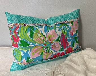 Lilly Pulitzer Designer Pillow Cover 14 x 20, Lee Jofa Besame in Blues and Pinks, Bohemian Style Home Decor Gift Idea, Zero Waste Fabric
