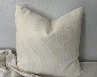 Soft Ivory Linen Pillow Cover, Machine Embroidered Wave Design, Subtle Home Accent, Sophisticated Color On Color Design, 18x18 Inch