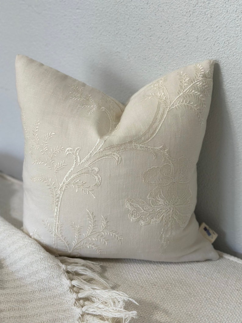 Elegant Soft Ivory Embroidered Pillow Cover, 14x14 Inch Delicate Accent Cushion, Subtle Home Accent, Sophisticated Color On Color Design image 4