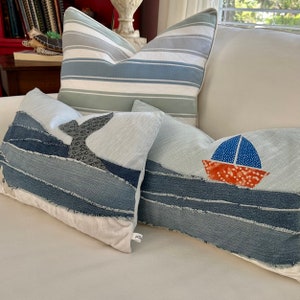 Recycled denim, decorative pillow cover, beach scene pillow, tropical vibes zero waste boho whale or sailboat lake house and nautical decor