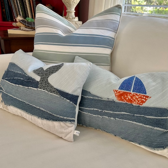 Recycled Denim Decorative Pillow Cover Beach Scene Pillow Tropical Vibes Zero Waste Boho Whale or Sailboat Lake House and Nautical Decor Etsy