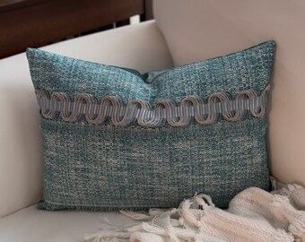 Aqua Tweed Pillow Cover, 12x18 Inch with Trim and Fringe on front, Velvet Back for Home Decor, Perfect Chic Housewarming Gift"