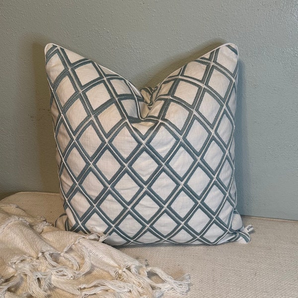 Coastal Style Embroidered Pillow Cover, Aqua Geometric Diamond on White Linen, 18x18 Decorative Cushion for Beach House, Perfect Match Seams