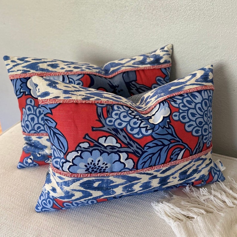Thibaut Honshu & Carlotta Accent Pillow Cover Red, White, Blue with Geometric Accents, Navy Tweed Back Stylish Bohemian Decor, 14x20 Inch Horizontal