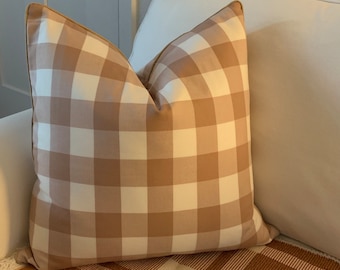 Brown and cream buffalo plaid pillow cover for modern or rustic farmhouse decor, traditional style pillows, checked 20 x 20 inch cushion