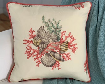 Beach house decor pillow cover with shells and coral, scallops seaside decorative cushion, coastal vibe square pillow,  18x18 inch