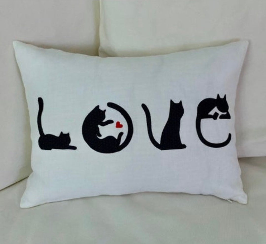Cat Pillow Cover, Whimsical Cats, Love Pillow, Black Cats, Pillow With