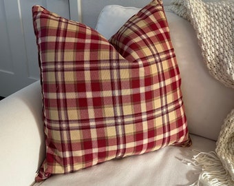 Farmhouse Red Plaid Pillow Cover, Country Cottage Style Cushion, Festive Check Cushion with Welt Edge, Holiday Home Gift