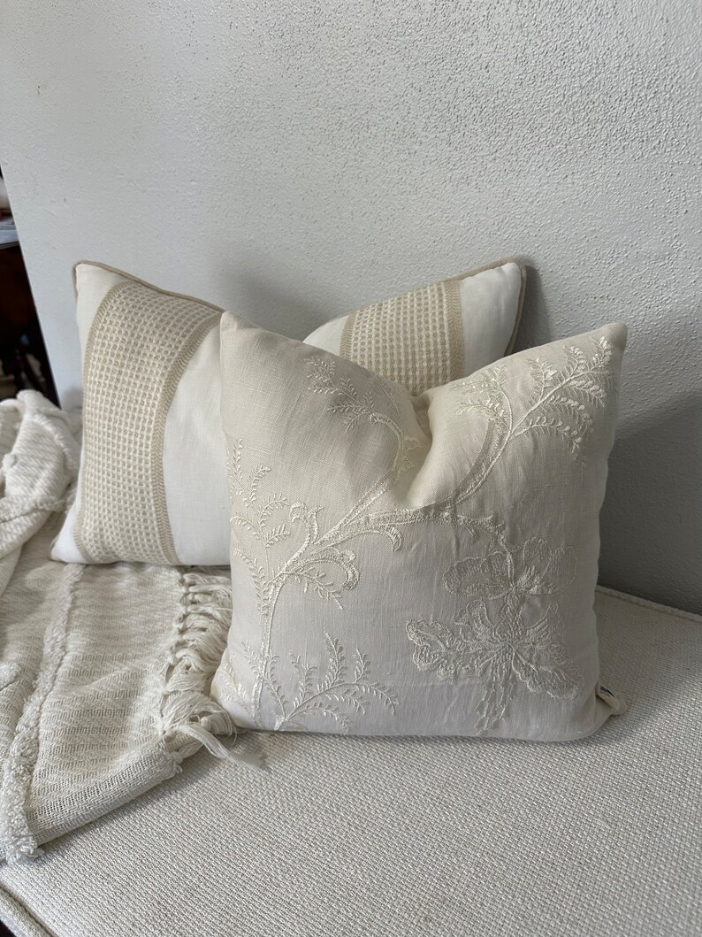 Elegant Soft Ivory Embroidered Pillow Cover, 14x14 Inch Delicate Accent Cushion, Subtle Home Accent, Sophisticated Color On Color Design image 5
