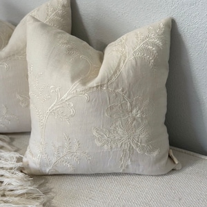 Elegant Soft Ivory Embroidered Pillow Cover, 14x14 Inch Delicate Accent Cushion, Subtle Home Accent, Sophisticated Color On Color Design image 1