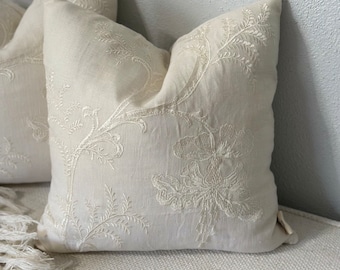 Elegant Soft Ivory Embroidered Pillow Cover, 14x14 Inch Delicate Accent Cushion, Subtle Home Accent, Sophisticated Color On Color Design