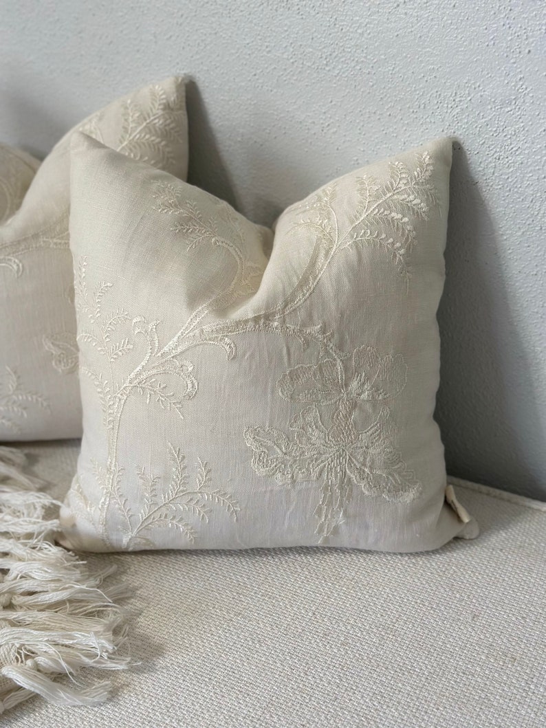 Elegant Soft Ivory Embroidered Pillow Cover, 14x14 Inch Delicate Accent Cushion, Subtle Home Accent, Sophisticated Color On Color Design image 1