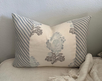 Thibaut Aldith Aqua Pillow Cover with Blue Stripe Flange Accent, 20” or 14x20” Coastal Vibe Decorative Cushion, Beach House or Cottage Decor