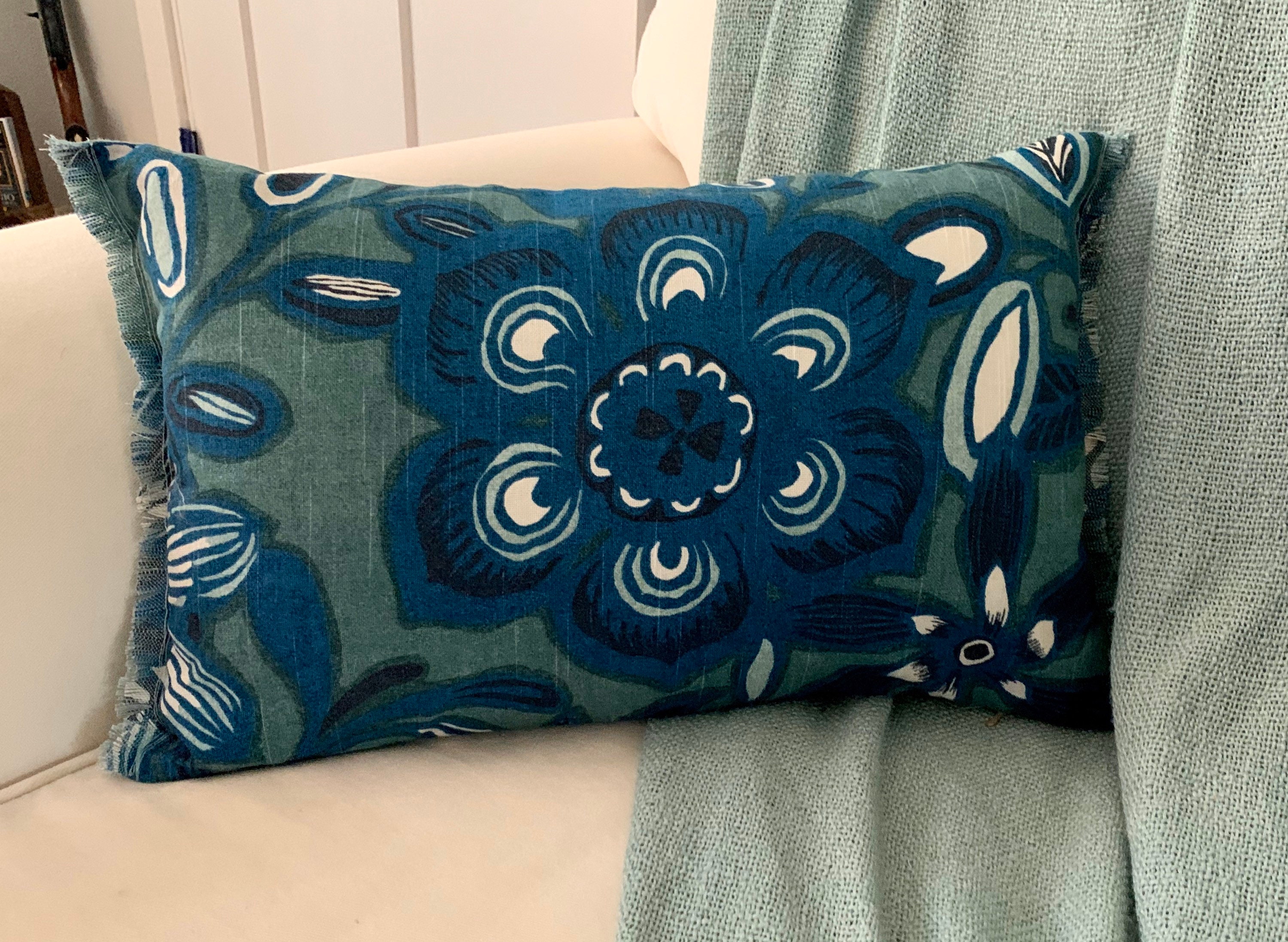 Blue and Green Pillow Floral Print Pillow 12x18 Pillow Etsy