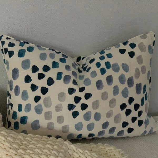 Pfeiffer Indigo blue watercolor polka dot pillow covers, designer pillows, blue and white lumbar, new housewarming gift, 14x20 inch, cushion