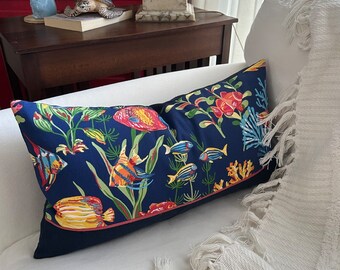 Tropical fish pillow cover for coastal or lakehouse decor, fish and beach themed navy decorative pillow for all seasons, 12 x 22 inch