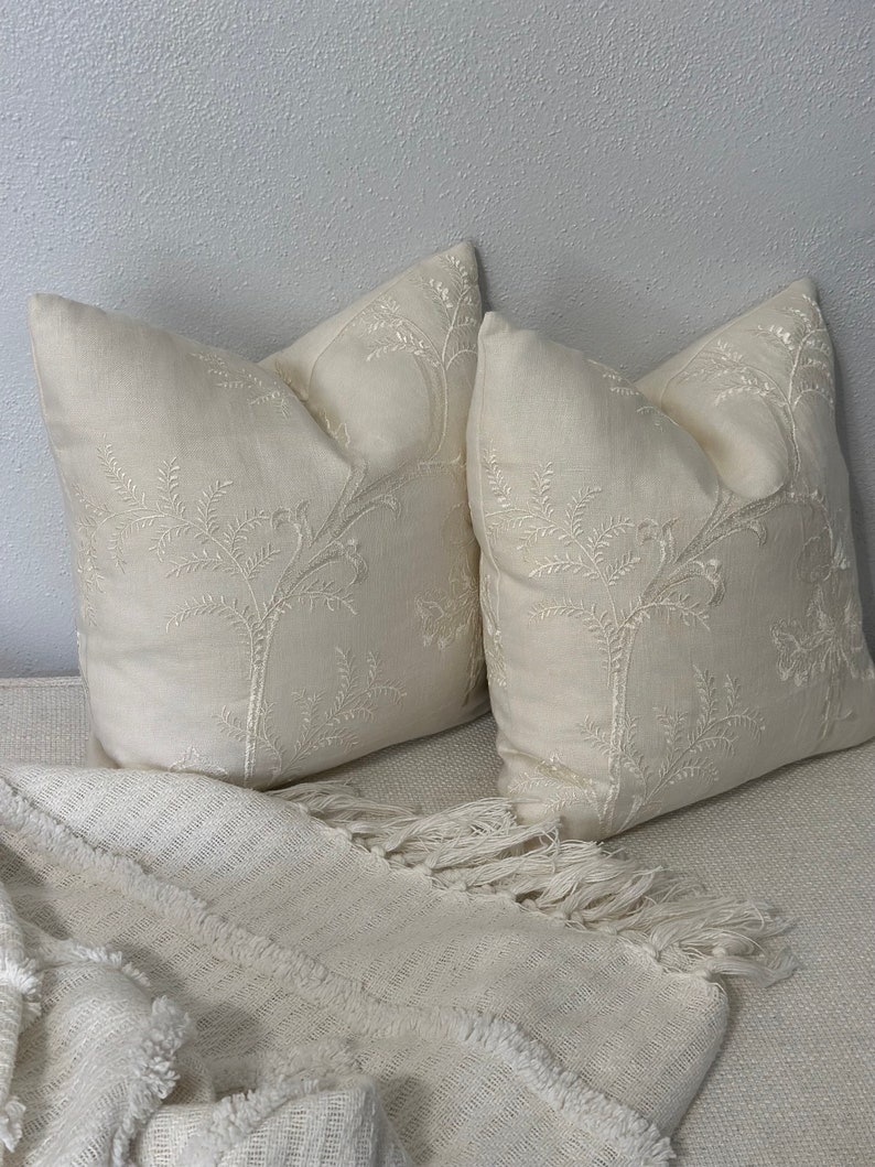 Elegant Soft Ivory Embroidered Pillow Cover, 14x14 Inch Delicate Accent Cushion, Subtle Home Accent, Sophisticated Color On Color Design image 2