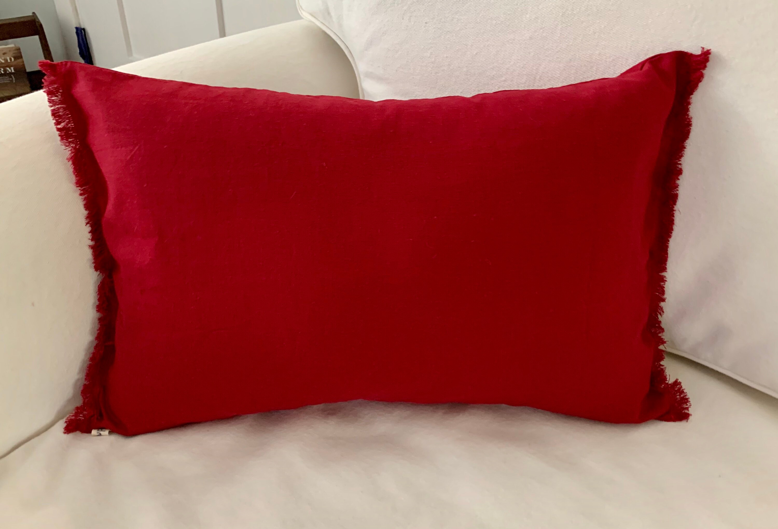 Red linen pillow cover fringed edge accent pillow 12 x 18 Etsy