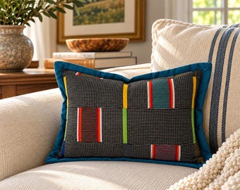 Colorful Geometric Lumbar Pillow Cover – 12x18 Woven Check Design, Dark Teal Flange, Eclectic Boho Home Decor