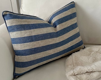 Coastal Cottage Pillow Cover - Striped Linen Cover in Blue & Oatmeal, Nautical 12x19 Cushion, Modern Farmhouse, Perfect Housewarming Gift