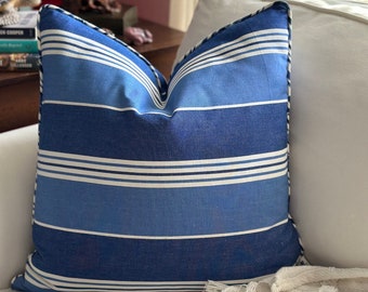 Indigo Stripe Denim Throw Pillow - 20x20 Nautical & Rustic Farmhouse Cushion Cover, Blue and White Striped Decor, Housewarming Gift