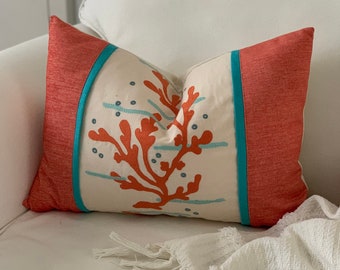 Orange boho style pillow cover for beach cottage decor or summertime decorating, 14x 20 inch size with coral design center panel
