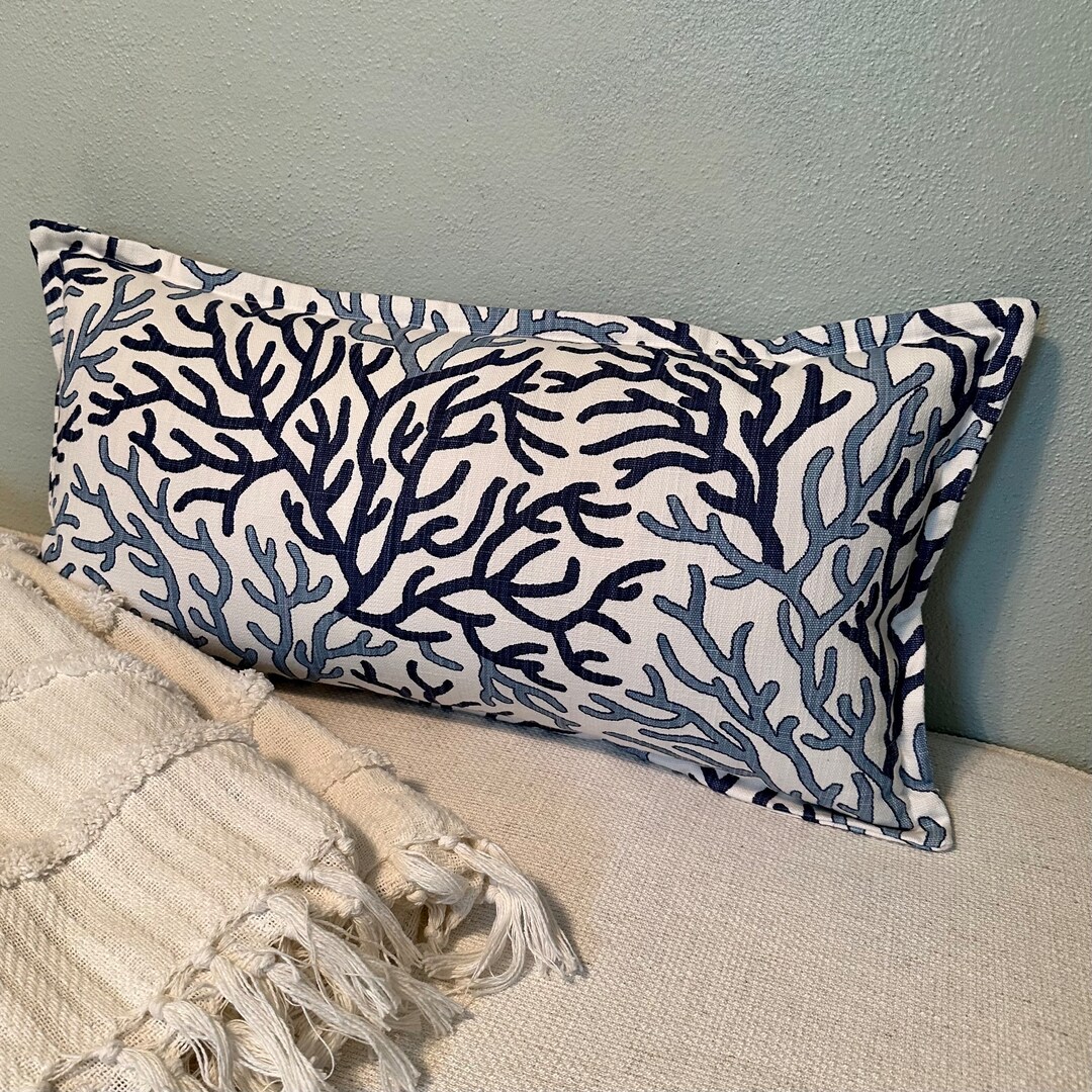 Blue and White Coastal Coral Reef Pillow Cover, Vista Luxe Linen Navy