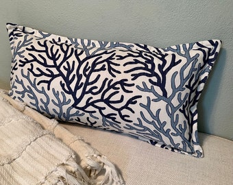 Blue and white coastal coral reef pillow cover, vista luxe linen navy light blue and white nautical lake house pillows, coastal beach decor