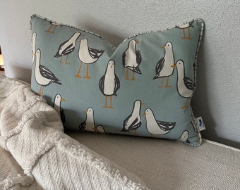 Whimsical Sandpiper Pillow Cover, 12x18 inch Coastal Cottage Nautical Decor, Blue and White Striped Back, Unique Housewarming Gift