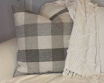 Gray plaid pillow cover, neutral textured gray and ivory, 22x22 modern farmhouse style, checkered decorative pillow, buffalo check design