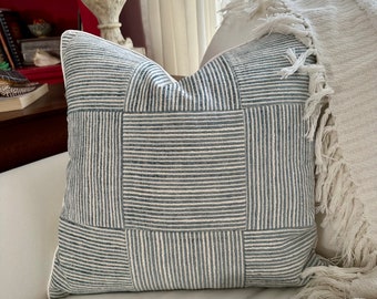 Blue and white striped chenille pillow cover, coastal cottage decor, farmhouse patchwork pillows, 2 sizes