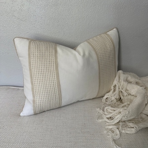 Neutral Pillow Cover In Soft White Linen and  Textured Oatmeal Stripe Accents, Elegant Linen Cushion Cover 14x20 Inch, Home Gift Idea
