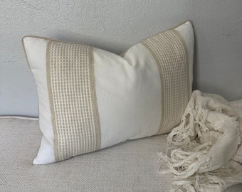 Neutral Pillow Cover In Soft White Linen, Textured Oatmeal Stripe Accents, Elegant Linen Cushion Cover 14x20 Inch, Home Gift Idea