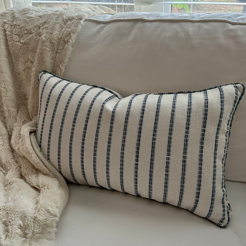 Striped Chenille Pillow Cover in Coastal Blue & Navy, 14x24 inch, Stylish Home Decor Accessory, Perfect Birthday Gift for Home Lovers image 2