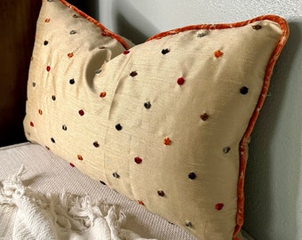 Polka dot pillow cover with chenille dots, velvet mini welt, 14x22 inch, accent cushion, bench seating decor