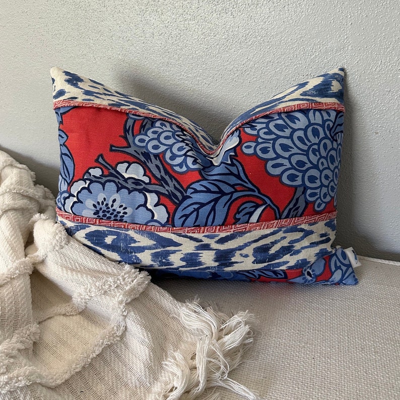 Thibaut Honshu & Carlotta Accent Pillow Cover Red, White, Blue with Geometric Accents, Navy Tweed Back Stylish Bohemian Decor, 14x20 Inch image 2