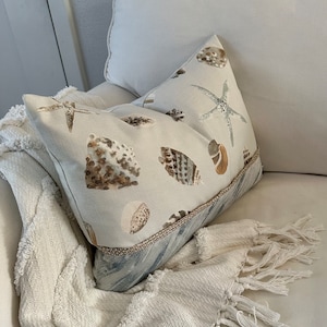 Cozy cottage pillow, beach house gift ideas, seashell decor, coastal throw pillow cover, nautical seaside, lake house cabin boho pillow