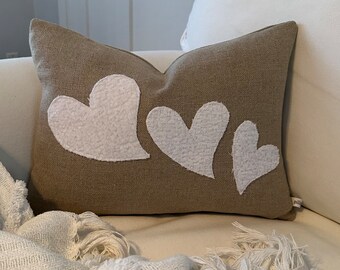 Valentine pillow cover with hearts, white chenille fabric appliqué in a whimsical heart design on taupe cotton and linen, 12x16 inch lumbar