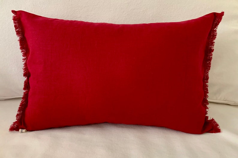 Red Linen Pillow Cover Fringed Edge Accent Pillow 12 X 18 Etsy