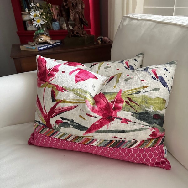 Fuchsia Floral Pillow Cover with Velvet Accent Fabrics, Boho Chic Style 14x20 inch Cushion, Zero Waste Home Decor, Unique Gift for Her