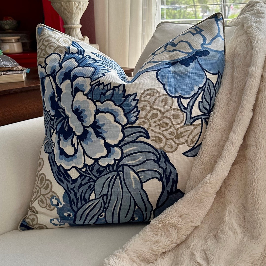 Thibaut Honshu Pillow Cover in Blue and Beige, 20 X 20 Inch Floral