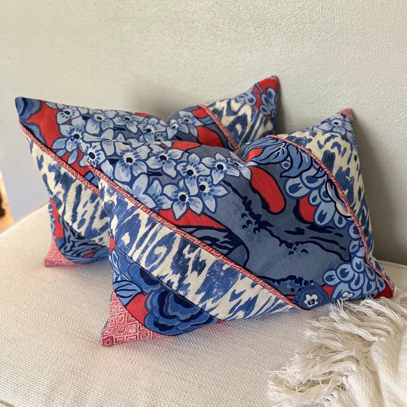 Thibaut Honshu & Carlotta Accent Pillow Cover Red, White, Blue with Geometric Accents, Navy Tweed Back Stylish Bohemian Decor, 14x20 Inch Diagonal